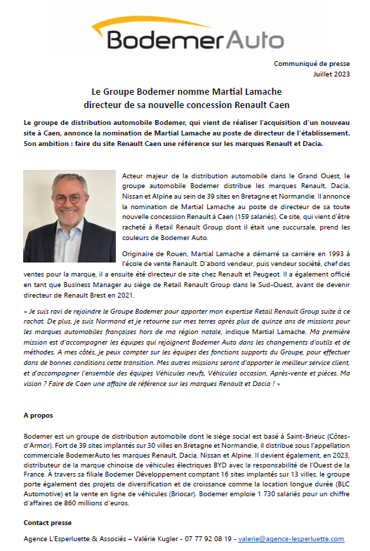 Martial LAMACHE est nommé Directeur de notre nouvelle concession Renault Caen